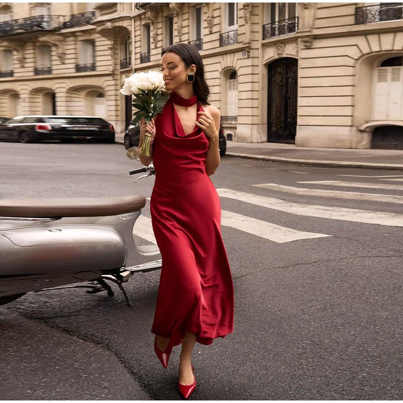 Women's Satin Sexy V-neck Temperament Halter Dress Summer New Slim Long Skirt Halter