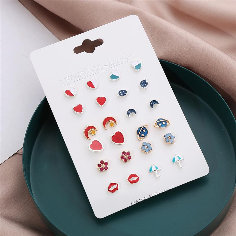12 Pairs of Cute Stud Earrings: Color-Block Hearts, Universe, Moon, Stars for Women, with Card
