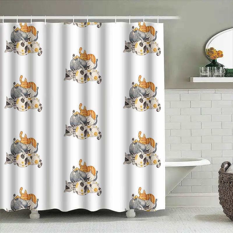 Cat Shower Curtain Cute Kitten Bathroom Decor Washable Fabric Liner Waterproof Home Decor Japanese Style Kawaii Animal Pattern