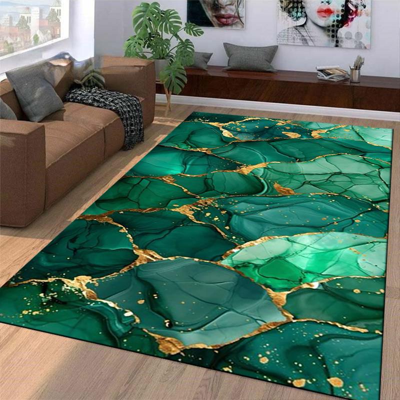 Green and Gold Marble Pattern Carpet, Modern Art Style Living Room Rug Suitable for use as an anti-slip for living room bedroom sofas