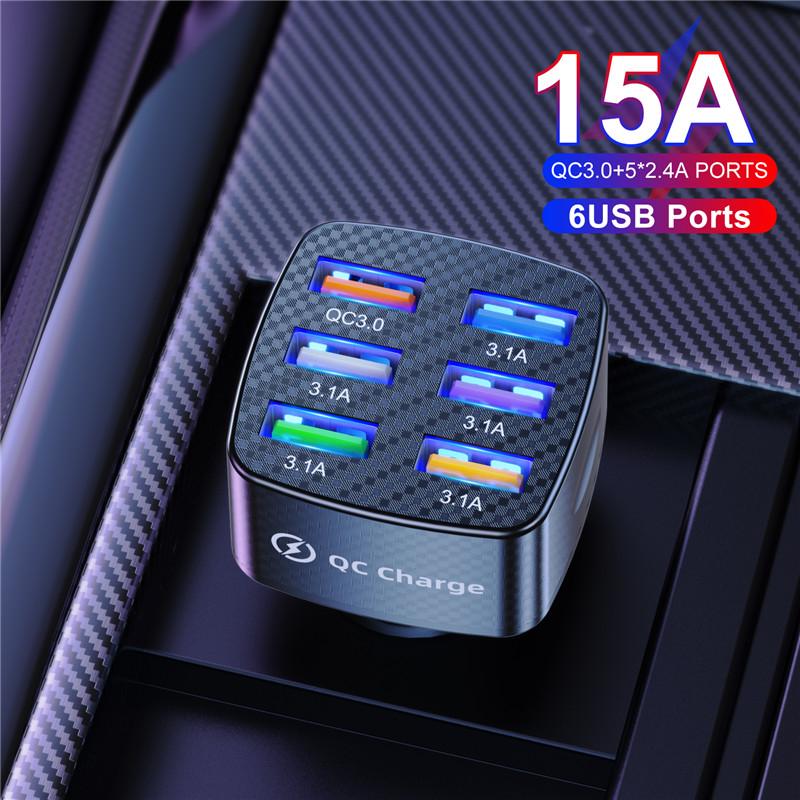 6 Ports USB Car Charge 75W Quick 15A Mini Fast Charging For Mobile Phone Charger Adapter In Car
