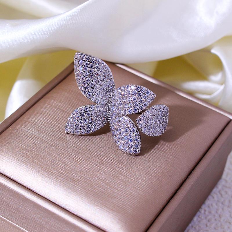 New Fashion Luxury Cubic Zirconia Women's Rings Oversized Butterfly Flower Rings for Women Open Resizable Female Engagement Ring