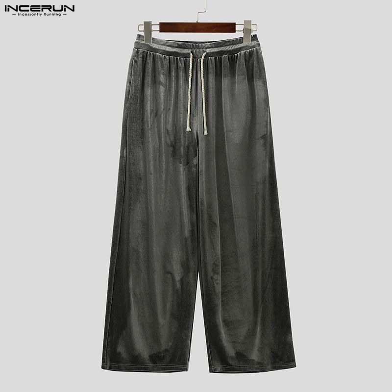 INCERUN Men Drawstring Elastic Waist Plain Velvet Casual Loose Long Trousers Pants