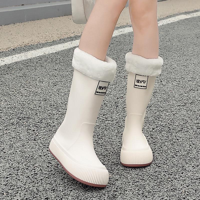 Women's High Tube Japanese Style Fleece-Lined Waterproof Rain Boots - Non-Slip, Lightweight & Wear-Resistant.