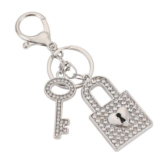 

Keychain Pendant Rhinestones Inlaid Concentric Lock Design Couple Key Chain with Anti-Oxidation Lobster Clasp Backpacks Accessory срібний