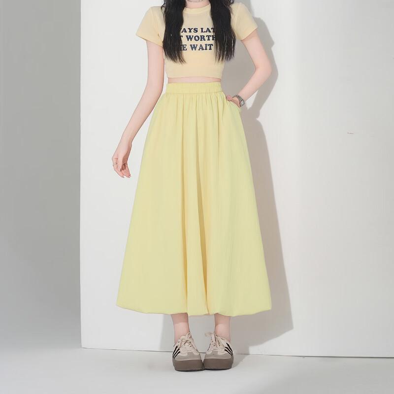 Women s Pleated Elastic Waist A-Line Long Skirt with Pockets L