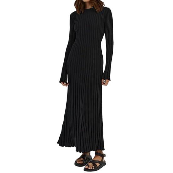 Women's Long Sleeve Ribbed Knitted Maxi Dress Crew Neck Bodycon Sweater Dress Elastic Slim Tie Waist Pencil Long Dress