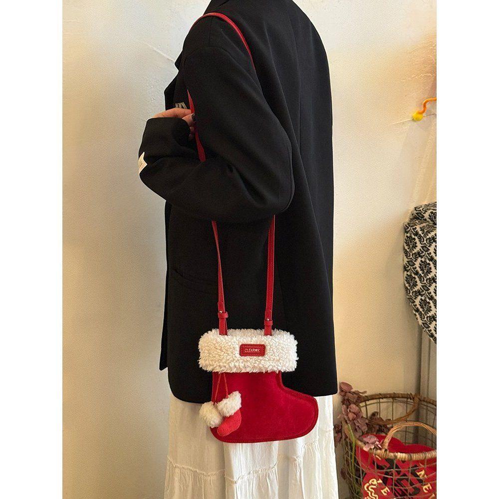 Cute Plush Boots with A Lamb Fur Crossbody Bag for A Small and Unique Design Phone Case.