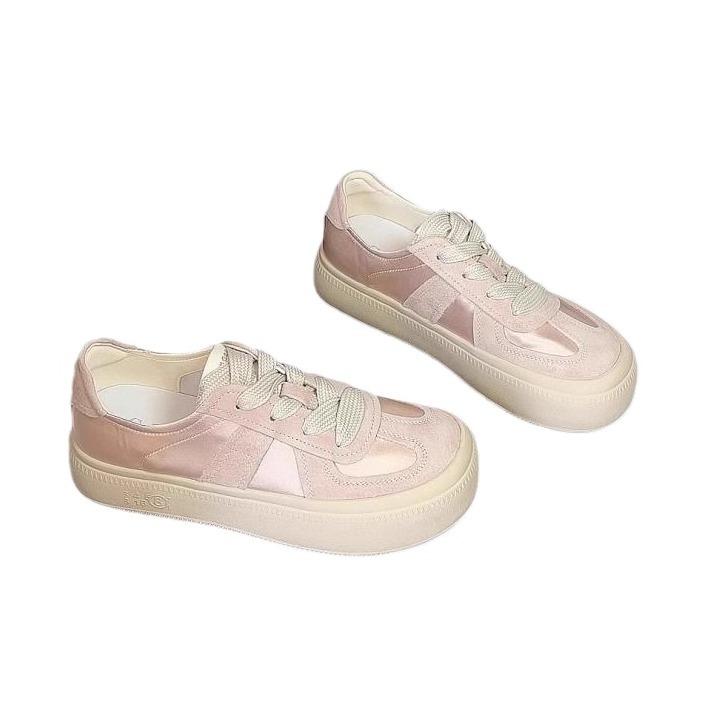 Damen Retro Dicksohlige Rundkopf Rosa Satin Oberfläche Atmungsaktiv und Vielseitig Sommer Neu Lässige Board Schuhe Damen