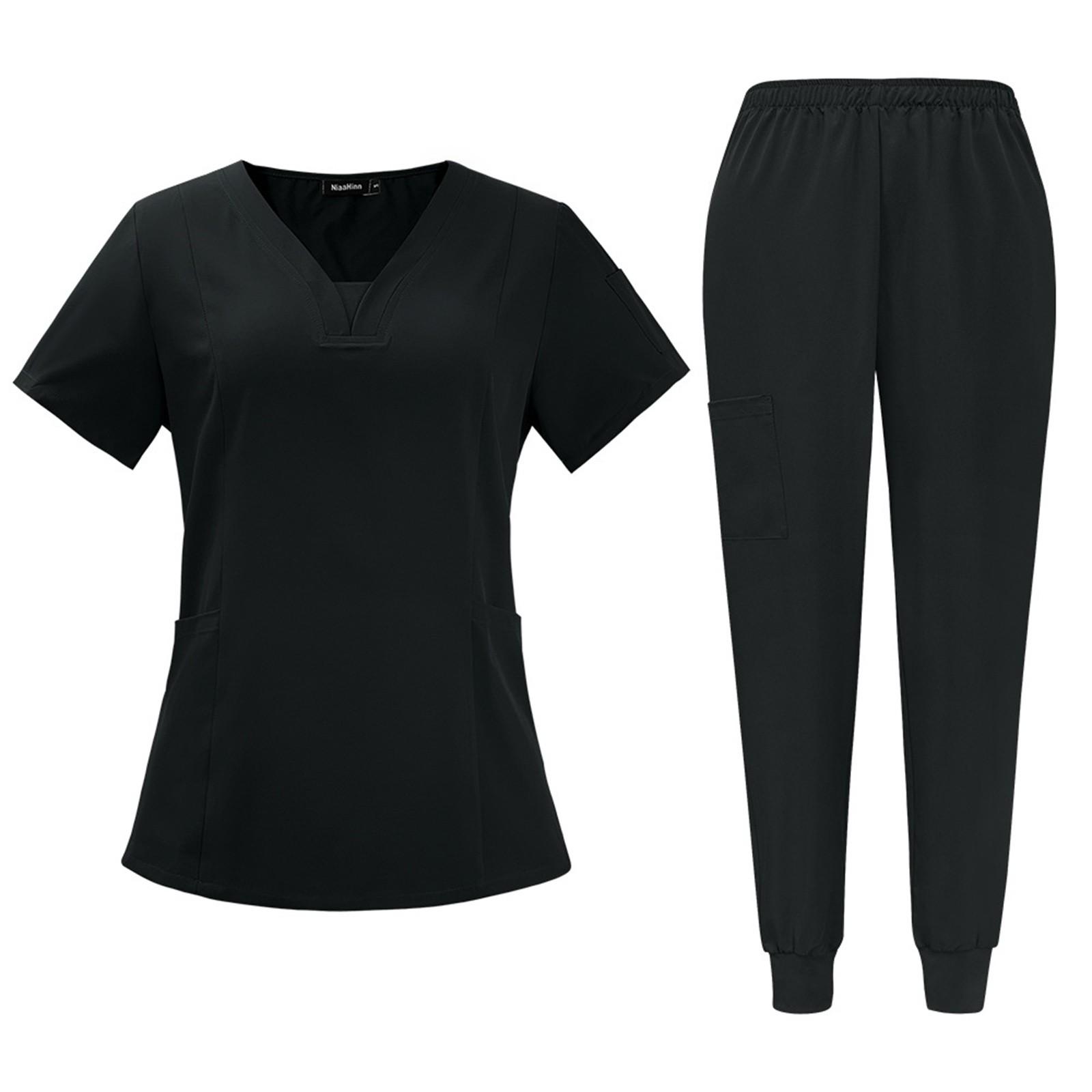 

Женский модный однотонный короткий рукав V-образный вырез узор топы карман рабочий комплект L