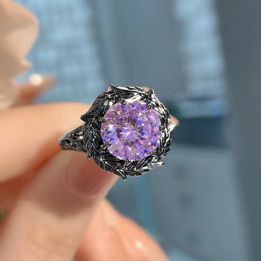 

Fashion Light Luxury Thorns Dry Rose Pendant Necklace Purple High Carbon Diamond Stud Earrings Morganite Ring Color Treasure Set