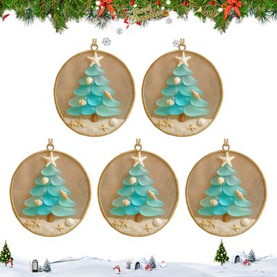 Ocean-Inspired Christmas Ornament Sea Glass Shell Resin Tree with Starfish Topper Coastal Christmas Hanging Decoration for Tree Car Mirror Decor