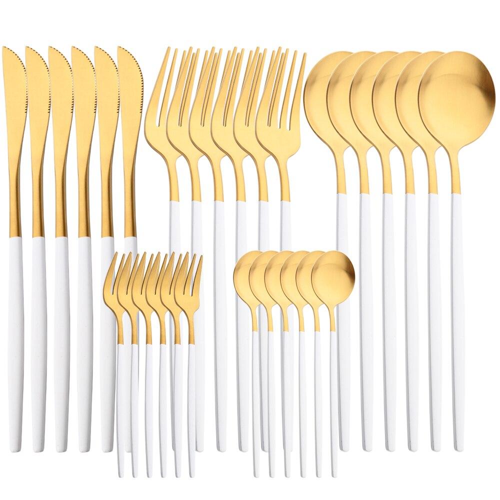 

30 шт., набор столовых приборов из белого золота, матовая посуда, нож, вилка, ложки, столовое серебро из нержавеющей стали, набор посуды для кухни и вечеринки белый/золотой