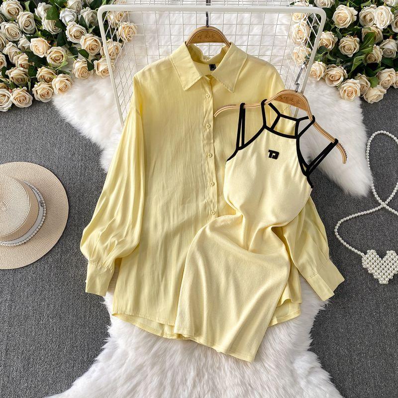 

Korean Series Loose Mid-Length Sunscreen Shirts Outerwear + Pure Desire Waist Hugging Slimming Hanging Neck Sling Dress Two-piece Set Yellow Two-piece set One size