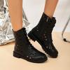 Fashion 2025 Spring New Cool Boots Women's Round Head Hollow Front Lacing Side Zipper Soft Sole Anti-slip Wear-resistant Low Heel Shoes