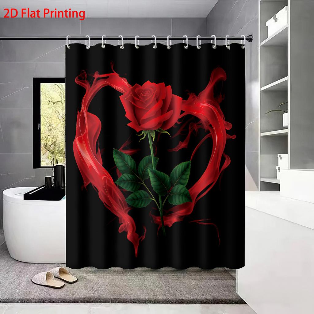 4pcs Valentine's Day Rose Print Bathroom Set 180x180 Waterproof Shower Curtain with 12 Hook, Floor Mat, Toilet Mat, U-shaped Mat