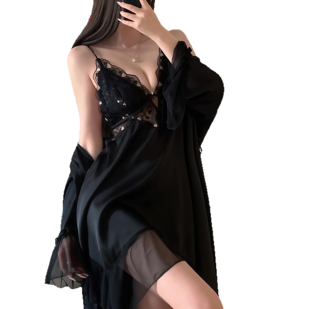 Sexy with chest pad, suspender, ice silk nightdress, female Xia Chun wants the wind, high-end lace, female pajamas, thin loungewear