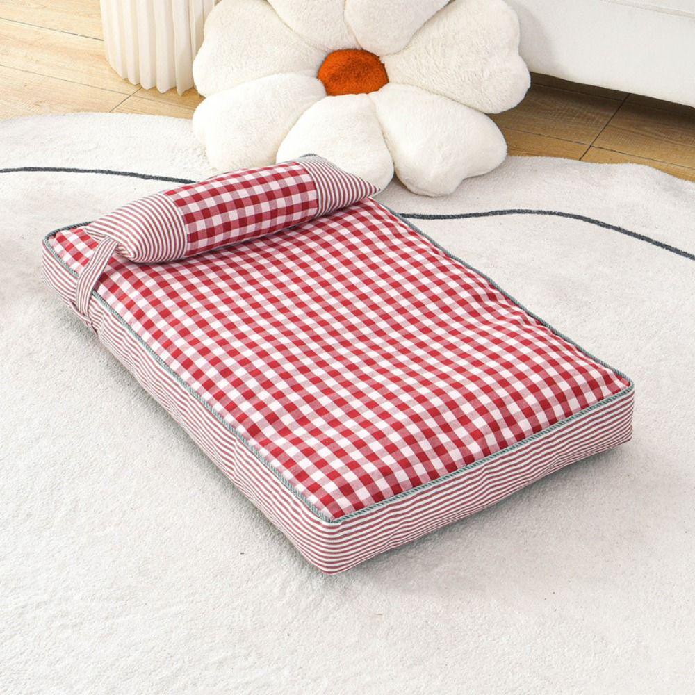 Washable Plaid Dog Bed with Pillow Comfortable Removable Thickened Dog Sofa Mats Soft Cloth/PP Cotton Dog Deep Sleeping Cushion