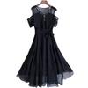Damen Sommerkleid im Slim Fit, mittellanger bis langer Schnitt, schlankmachendes Temperament, schulterfreier Chiffonrock