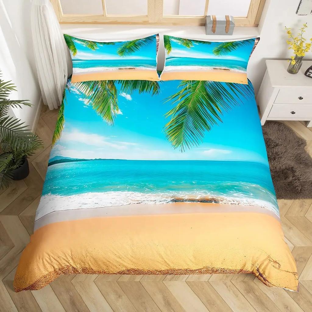 Ocean Theme Beach Duvet Cover Queen King Sunset Tropical Palm Tree Waves Comforter Cover Hawaii Natural Landscape Bedding Set