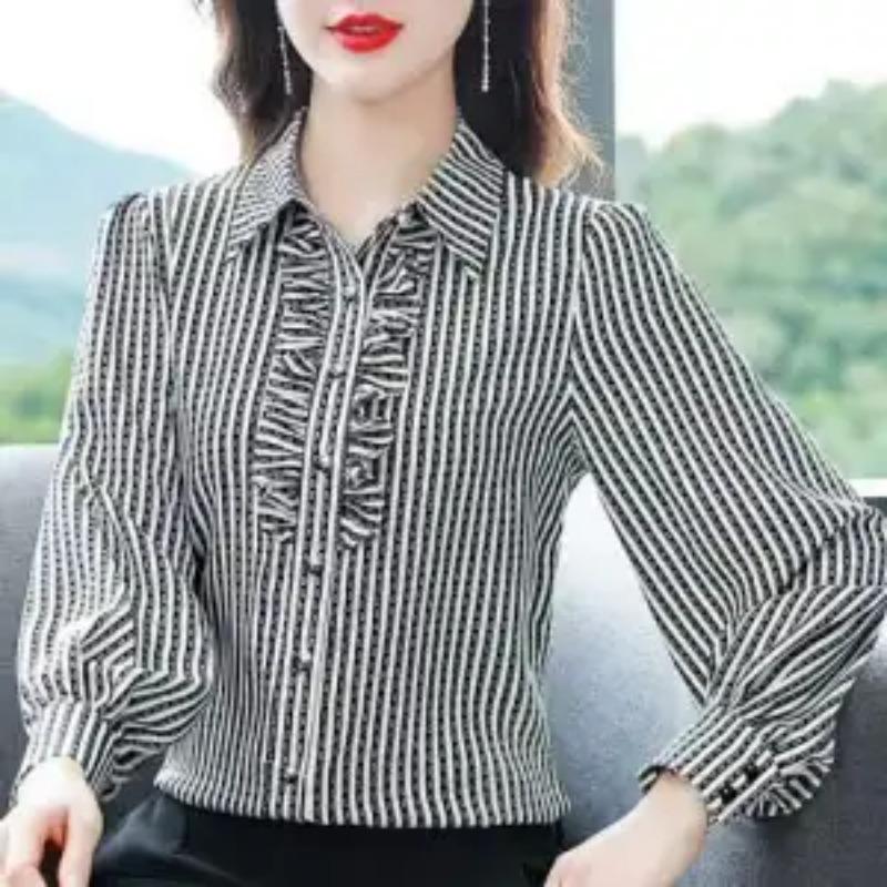 Women's New Style Spliced POLO Collar Button Loose Striped Fashionable Long-sleeved Chiffon Shirt