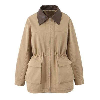 Frühling Damen Khaki Gespleißt Kunstleder Revers Safari Mantel Vorne 2 Taschen Elastische Taille Reißverschluss Jacke Lockere Oberbekleidung