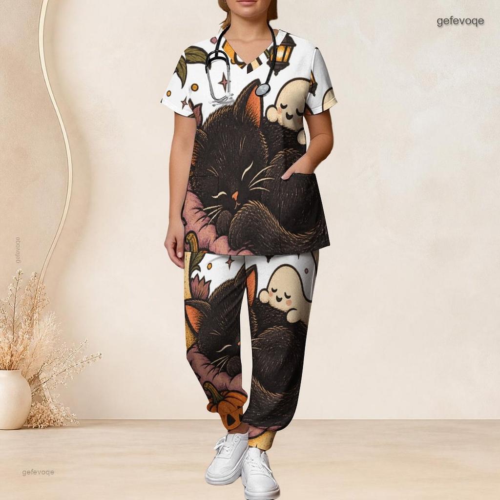 Women Plus Size V Neck Short Sleeve Scrub Set Thanksgiving Turkey Pumpkin Pie Print Nurse Uniform Set