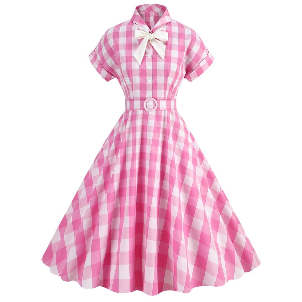 Vintage Barbie Pink Checkered Dress With Butterfly Bow-tie Collar