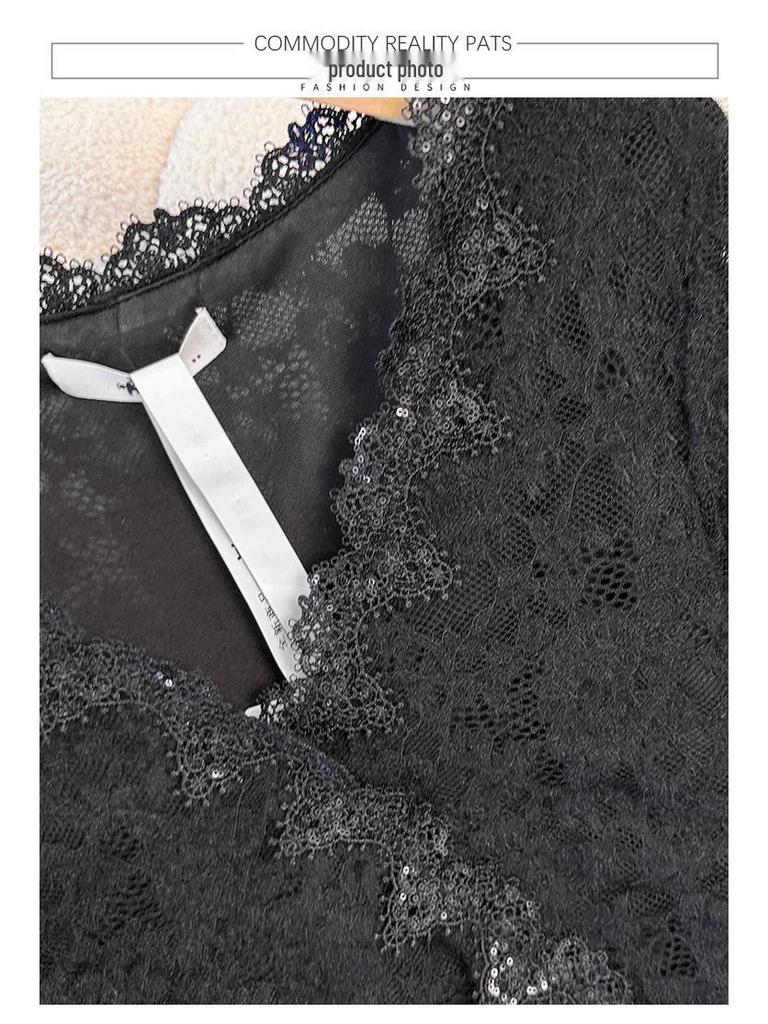 Plus Size Women's Deep V-Neck Lace-Up Dress (130-320 Jin) - Spring Fashion with Hollow Lace Design for fuller figures