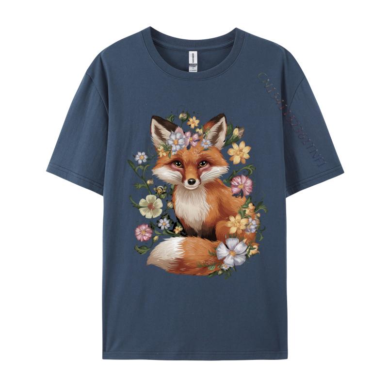 Cute Fox Cottagecore Floral Aesthetic Girls T-Shirts Men T Shirt Funny Vintage Tee Shirt Fast Shipping