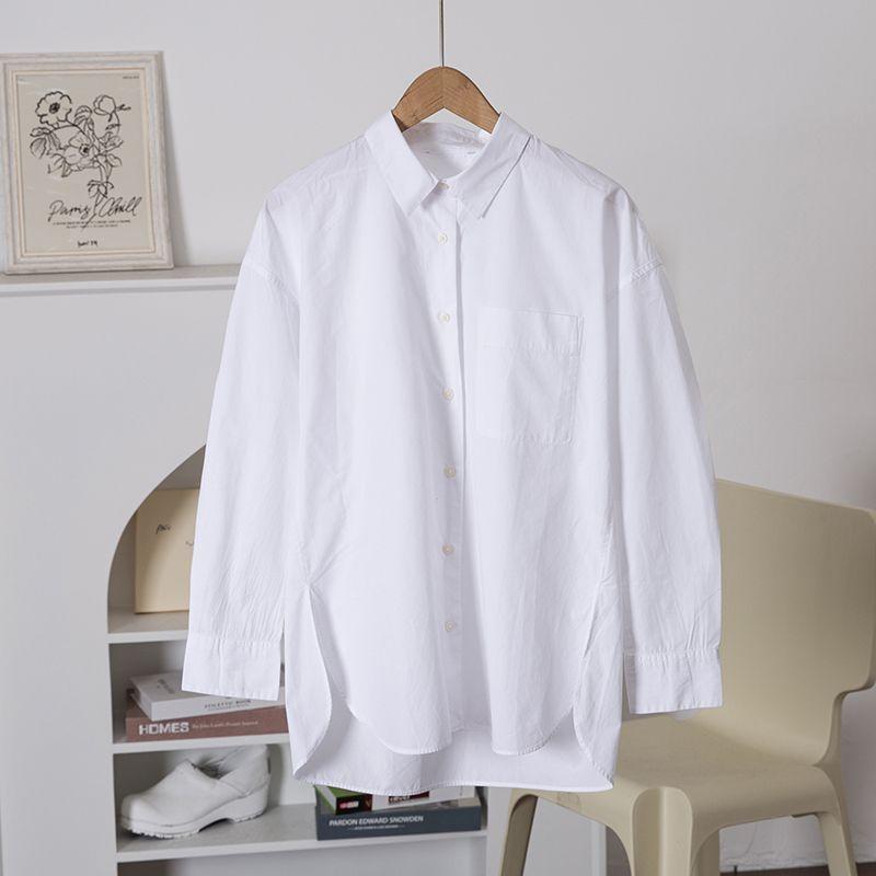 

[66 Preferred] Gentle Cream Color! Textured Poplin Cotton/Pure Color Lapel Long Sleeve Shirt Women s Top Outwear White XL