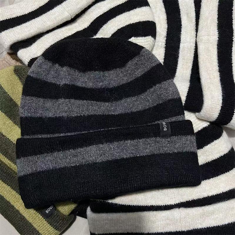 Striped letter sewn label roll brim casual retro fashion versatile street wool hat stack hat