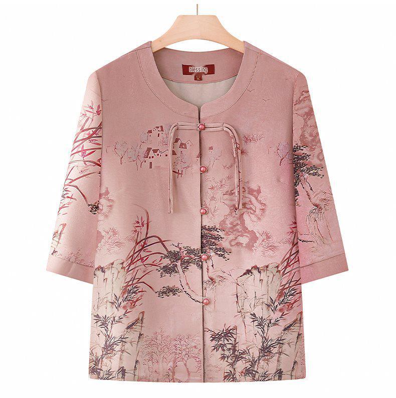 Elegant Chinese Summer Outfit: Short-Sleeved Top & Two-Piece Set for Middle-Aged and Elderly Women