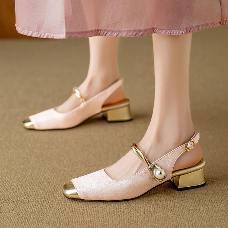 Summer women s sandals square head Korean version of Roman sandals women s buckle solid color bag heel new rubber sole buckle strap square heel 34
