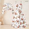Women Plus Size Two Piece Set Long Sleeve Cropped Shrug Strappy Tie Waist Fox Leaf Printed White Dress
