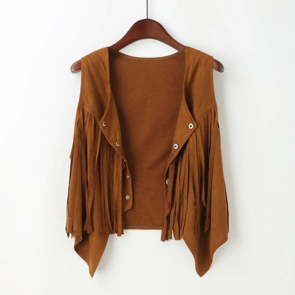 Women's Vest Faux Suede Ethnic Sleeveless for Jacket Rivet Fringe Tassels Hippie Open Front Cardigan Vintage Cowgirl Waistcoat