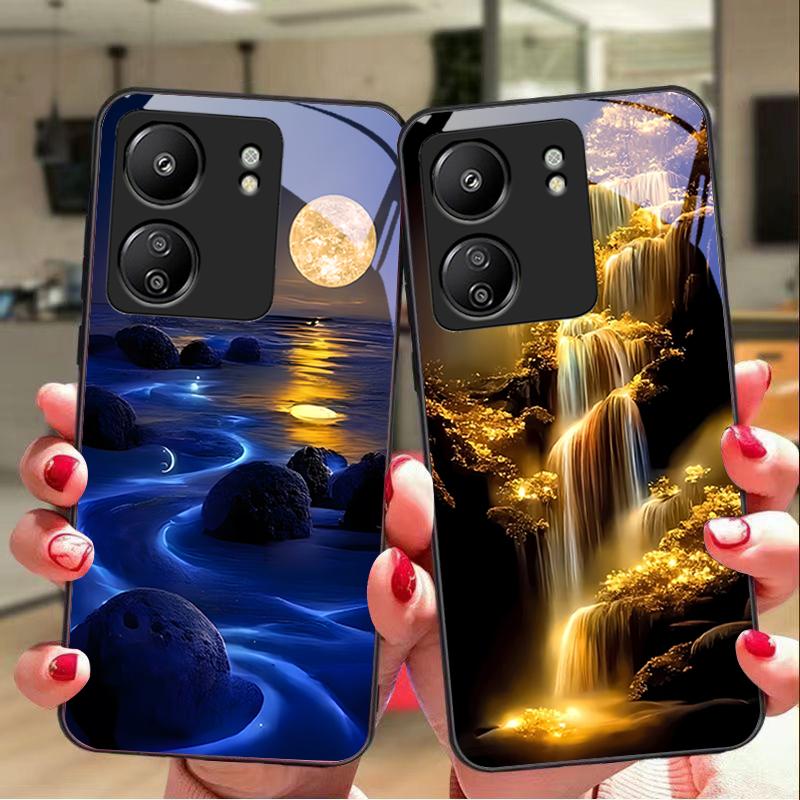 Shining Stone Light For Xiaomi Redmi 13C Note13 12 Pro Plus 5G Note 9 13T Pro POCO X6 F5 F6 Black Tempered Glass Phone Case