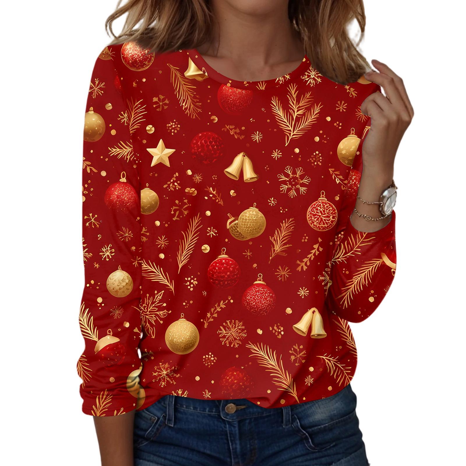 

Женская мода повседневный рождественский принт круглый вырез длинный рукав пуловер топ L золотой