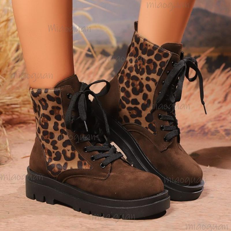 Mode Retro-Stil Wildlederimitat Leopard Stiefeletten für Damen 2025 Dicke Sohle Kurze Stiefel Rutschfest Größe 36-43 Damen Stiefeletten Botas Mujer