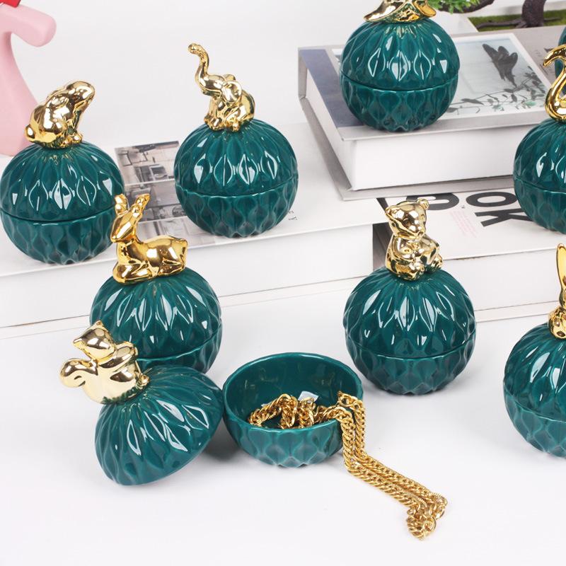 Creative Dark Green Mini Ceramic Storage Jar Cartoon Gold Animal Candy Jar Home Jewelry Storage Box Wedding Holiday Decoration