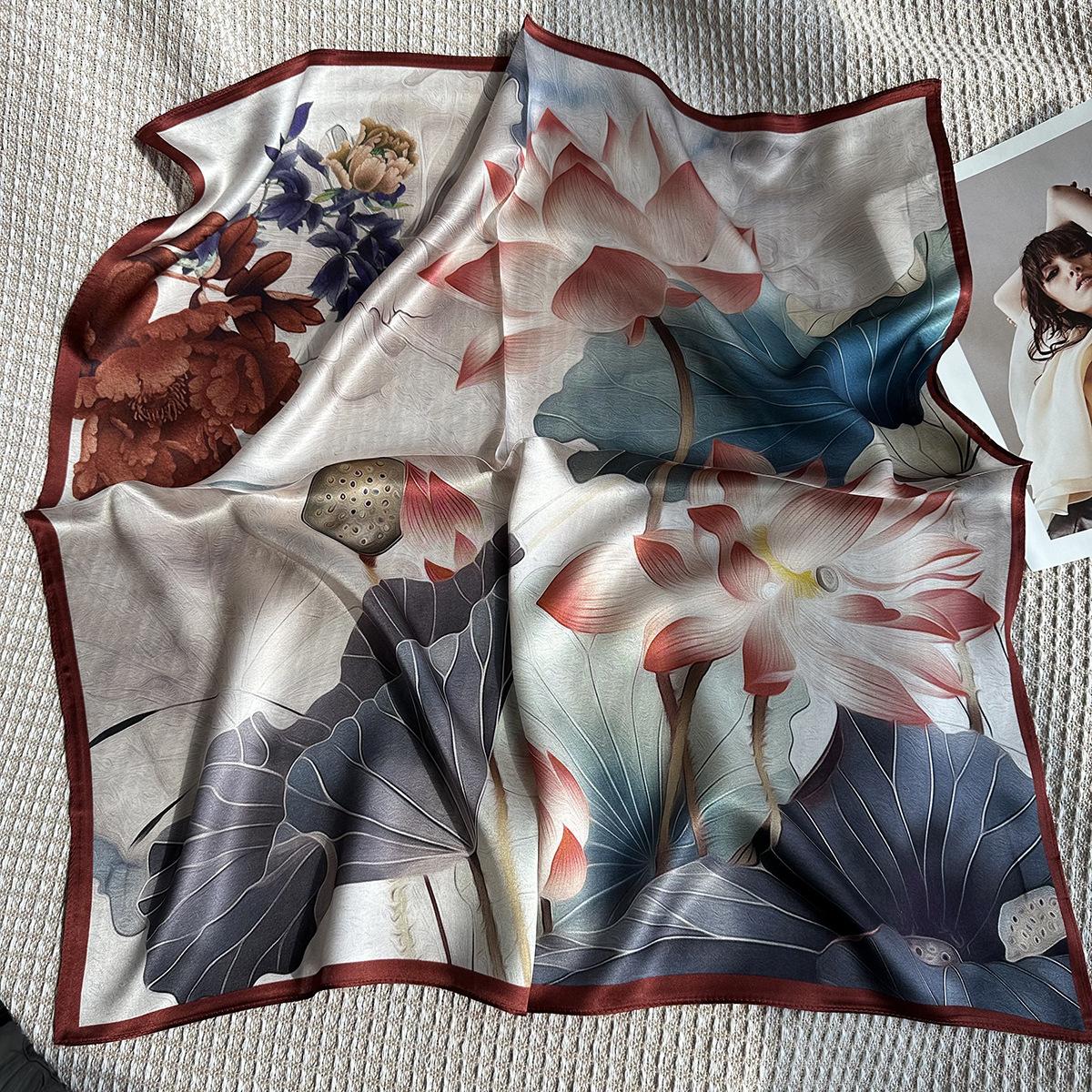 26 years old new lotus leaf lotus silk silk scarf women s spring and summer versatile 100% mulberry silk 70 square scarf neck scarf 65*65cm
