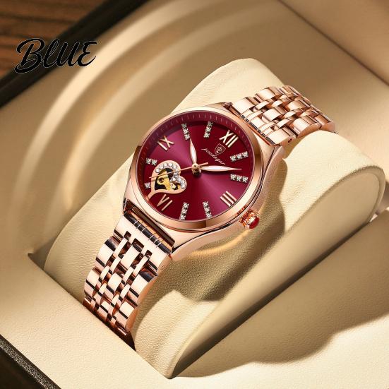 Round Dial Women Rhinestone Dress Steel Strap Luminous Stainless Watch Waterproof Calendar Display Wristwatch Fashion