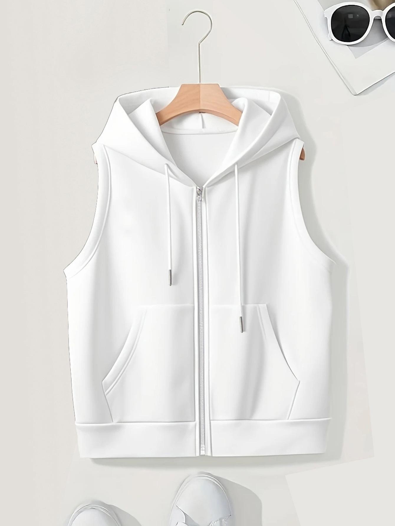 

Женский жилет с капюшоном размера плюс 2025 - Модный, Повседневный, Свободный, Стройнящий, Без рукавов, Кардиган на молнии для весны/осени XL белый