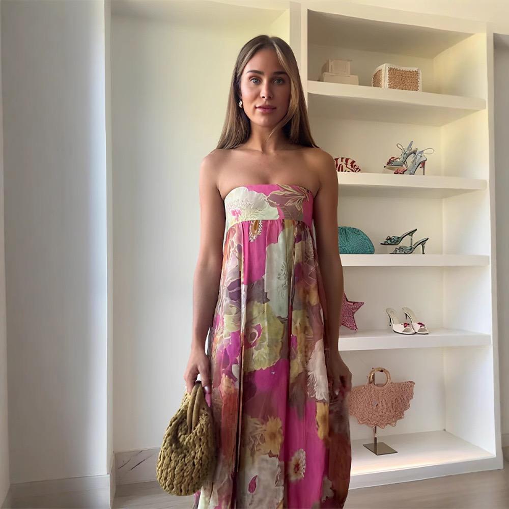 Printed Women Long Dress Backless Pleats A-line Large Hem Robe Elegant Female Party Holiday Long Dresses