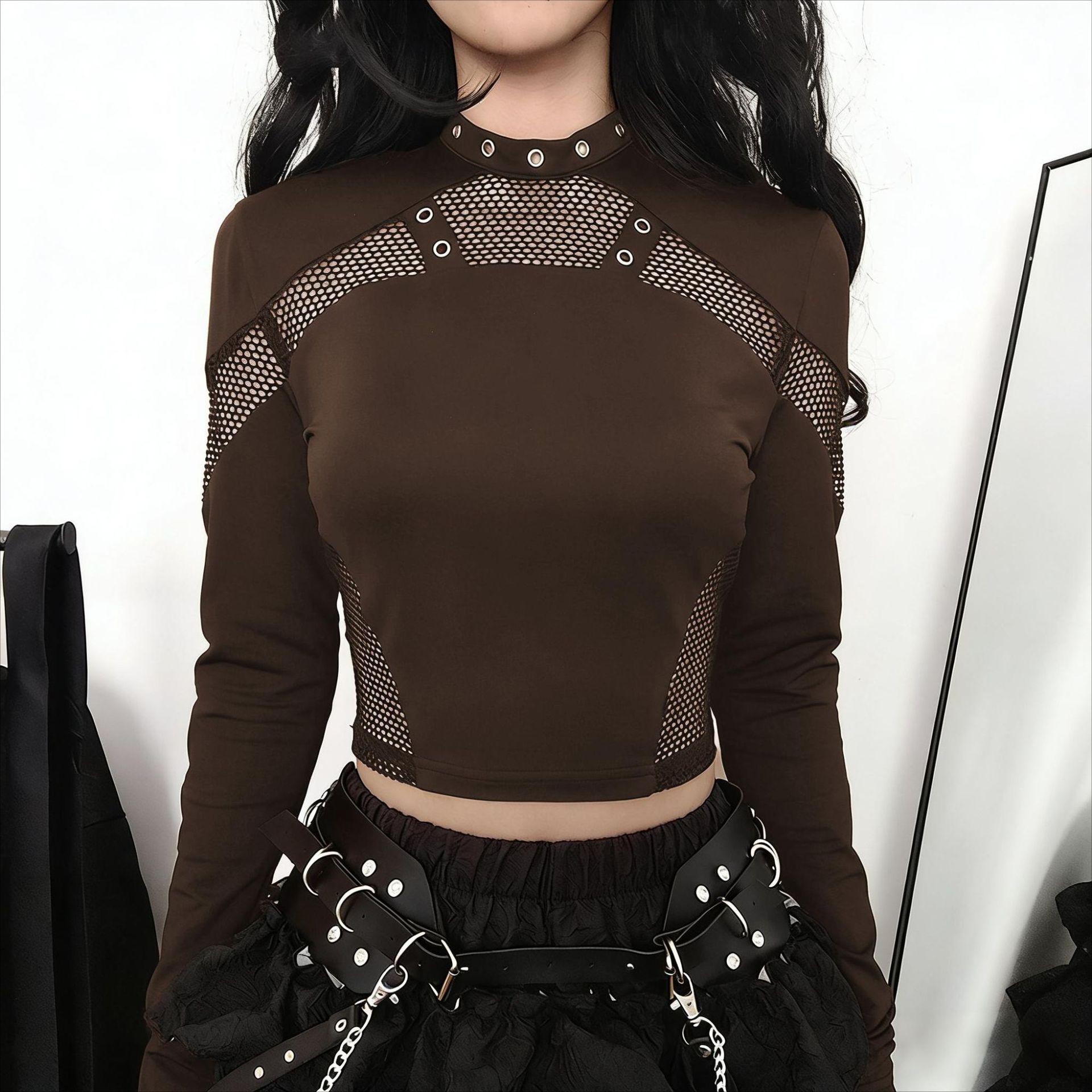 

Y2K Women s Dark Punk Mesh Patchwork Slim Fit Long Sleeve Top Large кавовий