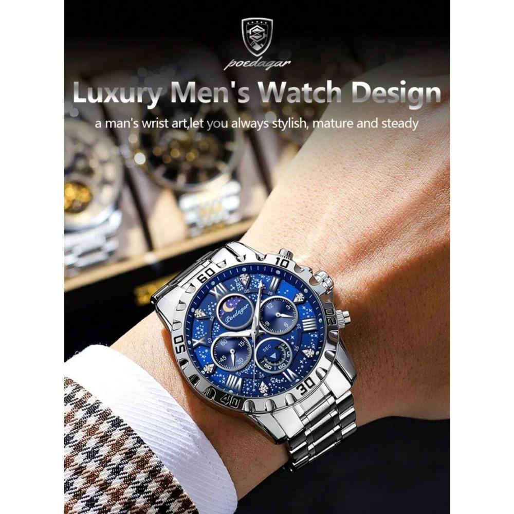 POEDAGAR 1 pz Orologio Sportivo da Uomo, Cronografo Impermeabile, Orologio al Quarzo di Lusso in Acciaio Inossidabile Luminoso con Scatola Regalo