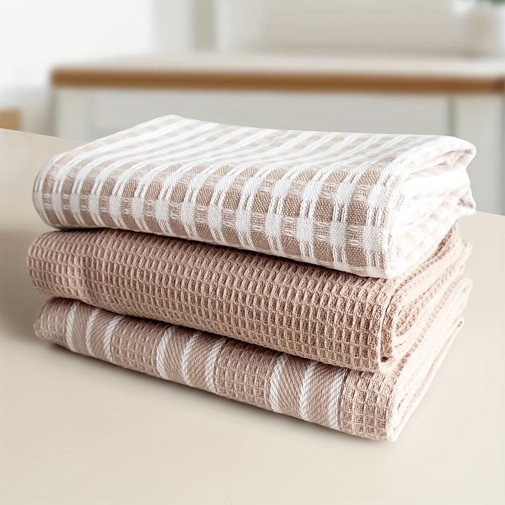 

3 Pcs Soft Absorbent Kitchen Towels - Large Durable Waffle Weave Cloth, Pure Green With Checkered And Striped Pattern, Easy To Clean And Dry 3pcs коричневый