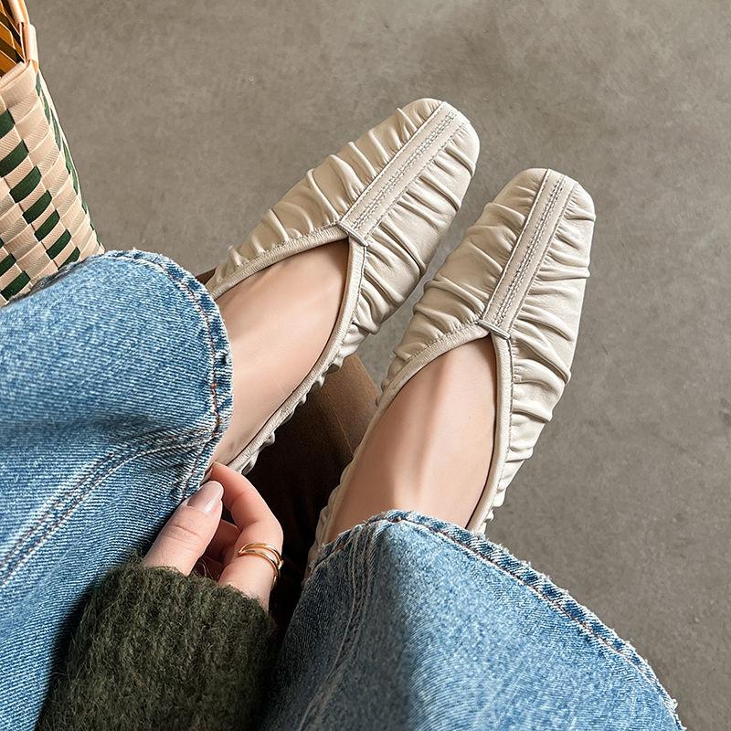 Fashion 2025 New Spring Women Flats Genuine Leather Shoes for Women Fashion Shallow Square Toe Women Pleated Ladies Shoes