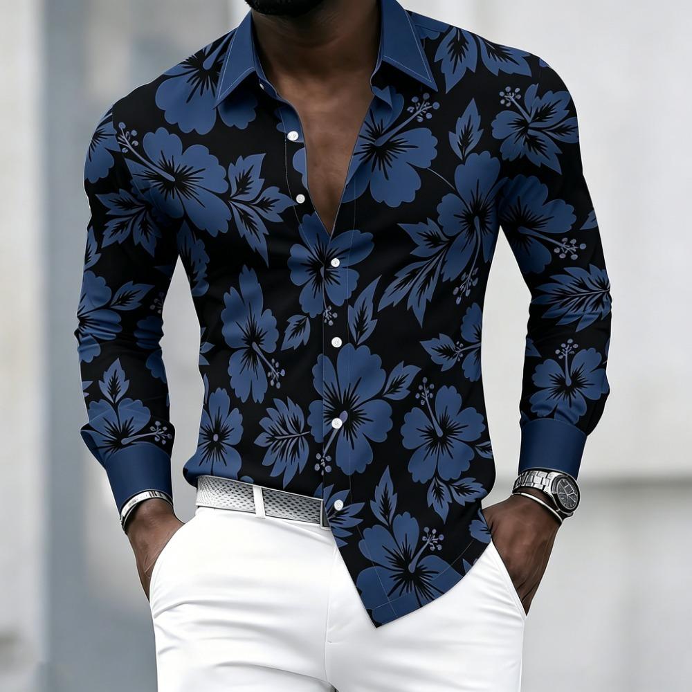 Herren Retro-Blumenprint Langarmhemd mit schwarzem Hintergrund, Hell