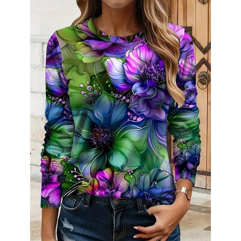 Women's 3D floral print T-shirt fashionable long-sleeved round neck regular tops holiday weekend spring and autumn
